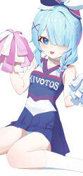 Rule 34 | 1girl, arona (blue archive), blue archive, blue eyes, blue hair, blue skirt, breasts, cheering, cheerleader, choker, clothes writing, collarbone, daeyu k, hair ornament, highres, holding, holding pom poms, music, official alternate costume, panties, pom pom (cheerleading), pom poms, short hair, simple background, singing, skirt, small breasts, socks, solo, underwear, white background, white choker, white panties, white socks, x hair ornament