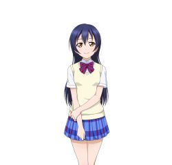 Rule 34 | 1girl, artist name, artist request, bare legs, blue hair, blue skirt, blush, bow, bowtie, breasts, brown eyes, checkered clothes, checkered skirt, collared shirt, female focus, hair between eyes, hand on own arm, highres, long hair, looking at viewer, love live!, love live! school idol project, miniskirt, otonokizaka school uniform, parted lips, plaid, plaid skirt, pleated, pleated skirt, red bow, school uniform, shirt, short sleeves, skirt, small breasts, smile, solo, sonoda umi, standing, striped, striped bow, sweater vest, vest, white background, white shirt, wing collar, yellow eyes, yellow vest