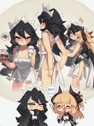 Rule 34 | 2girls, :d, ^^^, ^ ^, absurdres, apron, aqua eyes, ass, black eyes, black hair, blonde hair, blush, borrowed character, breasts, chibi, cleavage, closed eyes, commentary, cup, embarrassed, english commentary, flareze (porforever), flying sweatdrops, glasses, hair between eyes, hands on own ass, heart, highres, holding, holding tray, horns, jitome, long hair, maid, maid headdress, medium breasts, multiple girls, multiple views, naked apron, open mouth, original, porforever, sideboob, smile, spoken blush, spoken squiggle, squiggle, teacup, teapot, tray, two side up, wavy mouth, white apron, yuri