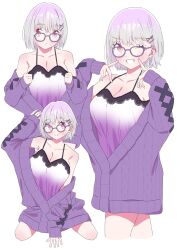 Rule 34 | 1girl, blush, breasts, glasses, gridman universe, gridman universe (film), highres, jacket, large breasts, looking at viewer, nightgown, open clothes, purple jacket, purple nightgown, red eyes, shinjou akane, sho (shoshos 8888), short hair, smile, solo, ssss.gridman