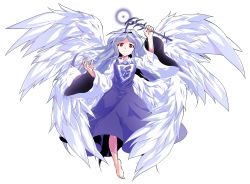Rule 34 | 1girl, absurdly long hair, alphes (style), angel, angel wings, bare legs, barefoot, blue hair, breasts, closed mouth, collared shirt, dairi, dress, eyebrows, feathered wings, feathers, full body, hair intakes, highres, holding, holding wand, left-handed, long hair, long sleeves, looking at viewer, multiple wings, palms, parody, parted bangs, purple dress, red eyes, sariel (touhou), seraph, shirt, small breasts, smile, solo, style parody, touhou, touhou (pc-98), transparent background, undershirt, very long hair, wand, white shirt, white wings, wide sleeves, wings