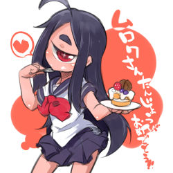Rule 34 | 1girl, ahoge, black hair, blue skirt, blueberry, borrowed character, breasts, cake, cleavage, commentary request, contrapposto, cowboy shot, cyclops, food, fruit, fukurou (owl222), heart, holding, holding plate, holding spoon, looking at viewer, one-eyed, original, plate, pleated skirt, red eyes, red ribbon, ribbon, school uniform, sketch, skirt, solo, spoken heart, spoon, standing, strawberry, translation request, utensil in mouth