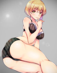 Rule 34 | 10s, 1girl, ass, blonde hair, blush, bra, breasts, cleavage, finger to mouth, green eyes, highres, idolmaster, idolmaster cinderella girls, lens flare, looking at viewer, miyamoto frederica, panties, ryuu., short hair, smile, solo, striped clothes, striped panties, underwear