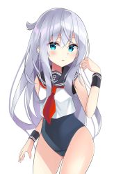 Rule 34 | 1girl, anchor symbol, bare legs, blue eyes, blush, cameltoe, commentary request, cowboy shot, crop top, crop top overhang, expressionless, eyes visible through hair, hair between eyes, hand up, hibiki (kancolle), highres, kantai collection, long hair, looking at viewer, neckerchief, necktie, one-piece swimsuit, open mouth, red neckwear, sailor collar, school swimsuit, school uniform, senx, serafuku, shirt, sidelocks, silver hair, simple background, sleeveless, solo, standing, swimsuit, swimsuit under clothes, white shirt, wrist cuffs