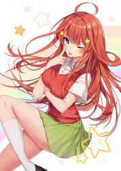 Rule 34 | 1girl, ahoge, bison cangshu, black footwear, blue eyes, breasts, collared shirt, floating hair, frown, go-toubun no hanayome, green skirt, hair ornament, highres, index finger raised, knee up, kneehighs, long hair, looking at viewer, medium breasts, miniskirt, nakano itsuki, one eye closed, pleated skirt, red hair, red sweater, school uniform, shirt, shoes, short sleeves, skirt, socks, solo, star (symbol), star hair ornament, sweater, sweater vest, thighs, tongue, tongue out, v-shaped eyebrows, white socks, white shirt
