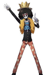 Rule 34 | 1boy, afro, black hair, brook (one piece), ascot, eyewear on head, feet out of frame, formal, foxvulpine, hat, index finger raised, looking at viewer, male focus, one piece, simple background, skeleton, smile, solo, spread legs, suit, sunglasses, waving, white background