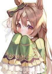 Rule 34 | 1girl, animal ears, aoi (kirabosi105), arms up, backlighting, braid, brown hair, closed mouth, commentary request, eye reflection, eyes visible through hair, frilled sleeves, frills, green jacket, hair ornament, half updo, head tilt, highres, horse ears, jacket, layered clothes, light, light blush, long hair, long sleeves, looking at viewer, purple eyes, reflection, satono diamond (umamusume), shadow, shy, sleeves past fingers, sleeves past wrists, smile, solo, umamusume, upper body