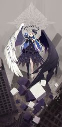 Rule 34 | 1girl, absurdres, android, asymmetrical wings, bare shoulders, black dress, black wings, blue hair, breasts, building, closed mouth, collarbone, commentary request, cube, dress, feathered wings, glitch, glowing, grey hair, hand up, highres, long hair, makadamixa, mismatched wings, multicolored hair, original, red eyes, signature, small breasts, solo, twitter username, two-tone hair, very long hair, white wings, wings