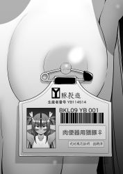 Rule 34 | 1girl, arms up, bdsm, bondage, bound, breasts, highres, id card, long hair, lovelovemaid, mizuki yukikaze, monochrome, name tag, nipple piercing, nipple tag, nose hook, nude, one-piece tan, pet play, photo (object), piercing, small breasts, taimanin (series), taimanin yukikaze, tan, tanline, translation request, twintails, very long hair