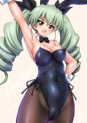 Rule 34 | 1girl, :d, alternate costume, anchovy (girls und panzer), animal ears, arm up, armpits, bare shoulders, black leotard, blush, bow, bowtie, breasts, cleavage, covered navel, detached collar, drill hair, fake animal ears, fishnet pantyhose, fishnets, girls und panzer, green hair, hair between eyes, hair ribbon, hand on own hip, highleg, highleg leotard, kamogawa tanuki, large breasts, leotard, looking at viewer, medium breasts, necktie, open mouth, pantyhose, pink background, playboy bunny, rabbit ears, ribbon, side-tie leotard, signature, simple background, smile, solo, twin drills, twitter username, wrist cuffs