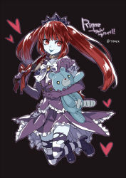 Rule 34 | 1girl, black background, blood, blue skin, colored skin, core masters, heart, kaida michi, knife, long hair, red eyes, red hair, rinne (core masters), simple background, smile, solo, stuffed animal, stuffed toy, thighhighs, torn clothes, torn thighhighs, twintails