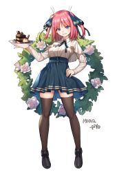 Rule 34 | 1girl, artist name, black thighhighs, blouse, blue eyes, blue ribbon, blush, breasts, butterfly hair ornament, collared shirt, dated, flower, food, full body, go-toubun no hanayome, grin, hair ornament, hair ribbon, hand on own hip, highres, holding, holding tray, long sleeves, looking at viewer, medium breasts, medium hair, nail polish, nakano nino, neck ribbon, piyo (pixiv 2308057), plant, pleated skirt, red hair, ribbon, rose, shirt, shirt tucked in, shoes, signature, simple background, skirt, smile, solo, standing, teeth, thighhighs, tray, two side up, white background, white shirt, zettai ryouiki