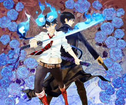 Rule 34 | 2boys, ao no exorcist, beepaint, black hair, blue eyes, blue fire, blue flower, blue rose, boots, brothers, coat, fire, flame-tipped tail, flaming sword, flaming weapon, flower, glasses, glowing, glowing eyes, gun, katana, long coat, multiple boys, necktie, okumura rin, okumura yukio, pointy ears, rose, sheath, short hair, siblings, striped necktie, striped neckwear, sword, tail, trench coat, weapon