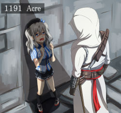 Rule 34 | 10s, 1boy, 1girl, altair ibn la-ahad, assassin&#039;s creed, assassin&#039;s creed (series), beret, blue eyes, blush, breasts, clenched hands, commentary, crossover, crying, crying with eyes open, desmond miles, employee uniform, hat, highres, hood, kantai collection, kashima (kancolle), large breasts, lawson, miniskirt, pitcairn meusel, pleated skirt, scared, sidelocks, silver hair, skirt, tears, twintails, uniform, wavy hair, weapon, weapon on back