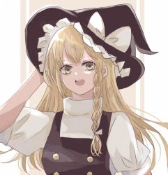 Rule 34 | 1girl, :d, aridamikannn, black hat, black vest, blonde hair, blouse, bow, braid, buttons, commentary, hair ribbon, hand on headwear, hand up, hat, hat bow, highres, kirisame marisa, long hair, looking at viewer, one-hour drawing challenge, open mouth, puffy short sleeves, puffy sleeves, ribbon, shirt, short sleeves, single braid, smile, solo, teeth, touhou, upper body, upper teeth only, vest, white bow, white ribbon, white shirt, witch hat, yellow eyes