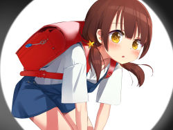 Rule 34 | 1girl, backpack, bad id, bad pixiv id, bag, blue dress, blush, brown eyes, brown hair, child, crime prevention buzzer, dress, hands on own knees, hoshizora ayase, leaning forward, long hair, low twintails, open mouth, original, randoseru, shirt, short dress, simple background, solo, twintails, white background, white shirt