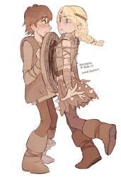 Rule 34 | 1boy, 1girl, armor, artist name, astrid hofferson, blonde hair, blue eyes, blush, boots, brown footwear, brown hair, brown pants, circlet, dated, english text, full body, hiccup horrendous haddock iii, holding, holding shield, how to train your dragon, long hair, looking at another, pants, pauldrons, ponytail, seoyeon, shield, shirt, short hair, shoulder armor, simple background, skirt, sleeveless, sleeveless shirt, vest, white background