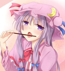 Rule 34 | 1girl, bow, crescent, female focus, food, hair bow, hat, holding, long hair, looking at viewer, patchouli knowledge, pocky, purple eyes, purple hair, ram hachimin, solo, tongou, tongue, touhou