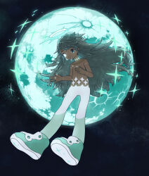 Rule 34 | 1other, androgynous, angel, ao fujimori, aqua halo, blue background, blue eyes, choker, crying, dark skin, from below, galaxy, green footwear, halo, heterochromia, highres, long hair, mascot, messy hair, mili (band), official art, original, planet, shoes, solo, sparkle, stitched arm, stitched neck, stitches, tears, teeth, topless, white eyes