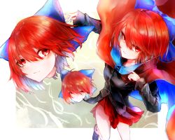 Rule 34 | absurdres, black shirt, blue bow, bow, cape, commentary request, disembodied head, hair bow, highres, huge filesize, light smile, long sleeves, miniskirt, outside border, parted lips, red eyes, red hair, red skirt, safutsuguon, sekibanki, shirt, short hair, skirt, touhou