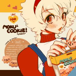 Rule 34 | 1girl, blush, box, cookie, food, freckles, hairband, heart, highres, holding, holding food, nail polish, original, parted lips, red eyes, red hairband, red nails, shadow, short hair, smile, solo, soreeyu (sore-yu), upper body, white hair