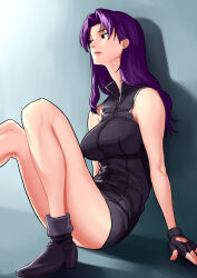 Rule 34 | 1girl, artist request, bare legs, bare shoulders, breasts, brown eyes, dress, expressionless, fingerless gloves, floor, gloves, jewelry, katsuragi misato, large breasts, lips, long hair, looking to the side, neon genesis evangelion, pendant, purple hair, shiny skin, short dress, simple background, sitting, solo, wide hips