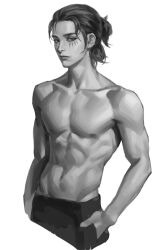 Rule 34 | 1boy, absurdres, bad link, bare shoulders, black hair, black pants, closed mouth, eren yeager, greyscale, hand in pocket, hands in pockets, highres, liu2e3ing, looking at viewer, male focus, monochrome, muscular, muscular male, pants, shingeki no kyojin, simple background, solo, white background