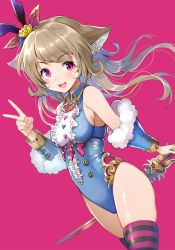Rule 34 | 1girl, alice in wonderland, animal ears, black thighhighs, blue leotard, blush, bracer, breasts, brown hair, cowboy shot, floating hair, frills, hair ornament, hand up, holding, holding sword, holding weapon, leotard, long hair, looking at viewer, medium breasts, nishizawa, open mouth, original, pink background, playboy bunny, purple background, purple eyes, purple thighhighs, reverse grip, simple background, smile, solo, sword, thighhighs, thighs, v, weapon