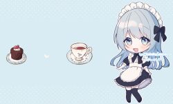 Rule 34 | 1girl, :3, akuo 11, apron, blue background, blue eyes, blue hair, blush, bow, cake, commission, cup, dress, food, full body, long hair, looking at viewer, maid, maid headdress, open mouth, original, plate, saucer, skeb commission, smile, solo, teacup, thighhighs