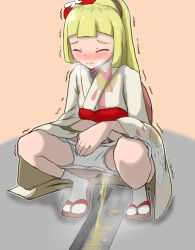 Rule 34 | 1girl, blonde hair, blush, closed eyes, creatures (company), game freak, gutter, highres, japanese clothes, lillie (pokemon), nintendo, outdoors, panties, panty pull, peeing, pokemon, pokemon masters ex, pussy, saga (pixiv 73421984), solo, squatting, uncensored, underwear