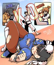 Rule 34 | 2021, 2boys, 2girls, after battle, artist request, barefoot, black hair, bracelet, breasts, brown eyes, brown hair, capcom, chun-li, cleavage, cleavage cutout, closed eyes, clothing cutout, day, drooling, english text, faceless, faceless male, flexing, happy, highres, injury, jewelry, large breasts, lying, matching hair/eyes, multiple boys, multiple girls, muscular, muscular male, open mouth, outdoors, pantyhose, ryu (street fighter), sad, saliva, school uniform, shiny clothes, shiny skin, short hair, short ponytail, spiked bracelet, spikes, street fighter, sweater, thick thighs, thighs, torn clothes, torn pantyhose