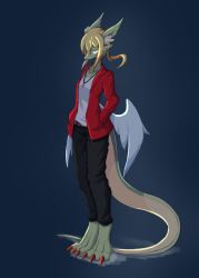 Rule 34 | 1girl, 4138, blonde hair, blue background, claws, dragon tail, female focus, furry, furry female, hands in pockets, highres, original, simple background, solo, standing, tail, wings