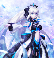 Rule 34 | 1girl, absurdres, black bow, black dress, blue eyes, bow, braid, center opening, clothing cutout, commentary request, cosplay, dress, fate/apocrypha, fate/grand order, fate (series), french braid, grey hair, hair bow, highres, long hair, morgan le fay (fate), morgan le fay (fate) (cosplay), ponytail, prime (cameron), sidelocks, solo, stomach cutout, stomach tattoo, takeuchi takashi (style), tattoo, two-tone dress, very long hair