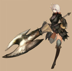 Rule 34 | 1girl, armor, boots, breasts, capcom, full body, huge weapon, monster hunter (series), n.a., simple background, solo, sword, thigh boots, thighhighs, weapon, white hair