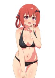 Rule 34 | 1girl, :d, bad id, bad pixiv id, bare arms, bare shoulders, bat hair ornament, bikini, black bikini, body blush, breasts, cleavage, collarbone, commentary request, cowboy shot, fang, gabriel dropout, hair ornament, hair rings, hand up, highres, index finger raised, large breasts, looking at viewer, navel, nyaroon, open mouth, purple eyes, red hair, satanichia kurumizawa mcdowell, short hair, simple background, skindentation, smile, solo, stomach, swimsuit, thigh gap, white background