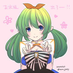 Rule 34 | 1girl, arch bishop (ragnarok online), black bow, blue dress, blue eyes, blush, bow, breasts, cleavage, cleavage cutout, closed mouth, clothing cutout, commentary request, cross, dated, dress, green hair, hair between eyes, hair bow, highres, long hair, looking at viewer, low twintails, medium breasts, orange bow, outline, pink background, pointy ears, ragnarok masters, ragnarok online, smile, solo, striped, striped bow, tomo-graphy, twintails, twitter username, two-tone dress, upper body, white bow, white dress, white outline