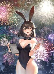 Rule 34 | 1girl, aerial fireworks, animal ears, black hair, breasts, chinese zodiac, covered navel, cowboy shot, crossed bangs, detached collar, evening, fireworks, hair between eyes, happy new year, highres, holding, holding stylus, holding tablet pc, large breasts, leotard, light blush, looking at viewer, medium hair, new year, open mouth, playboy bunny, rabbit ears, rabbit tail, siriuflong, smile, solo, stylus, tablet pc, tail, teeth, thighs, tongue, tree, upper body, upper teeth only, wrist cuffs, year of the rabbit
