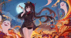 Rule 34 | 1girl, absurdres, black shirt, black shorts, boo tao (genshin impact), brown hair, commentary request, cowboy shot, full moon, genshin impact, highres, hu tao (genshin impact), long hair, long sleeves, moon, night, night sky, outdoors, red eyes, revision, shirt, short shorts, shorts, sky, solo, standing, thighs, twintails, very long hair, yajuu