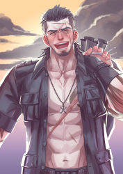 Rule 34 | &gt; &lt;, 1boy, :d, bag, black hair, black jacket, final fantasy, final fantasy xv, fingerless gloves, gladiolus amicitia, gloves, grin, jacket, jewelry, male focus, manly, moodud, muscular, necklace, open clothes, open mouth, open shirt, scar, shirt, smile, solo, tattoo, xd