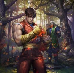 Rule 34 | 2boys, forest, grass, guy (final fight), multiple boys, muscular, muscular male, nature, ninja, scarf, serious, stepping stones, street fighter, tree