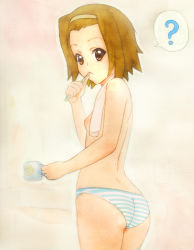 Rule 34 | 00s, 1girl, ?, ass, brown eyes, brown hair, brushing teeth, cup, derivative work, female focus, fetishy, flat ass, flat chest, from behind, hairband, k-on!, looking back, nipples, panties, panties only, poorly drawn, short hair, solo, striped clothes, striped panties, tainaka ritsu, toothbrush, topless, traditional media, underwear, underwear only