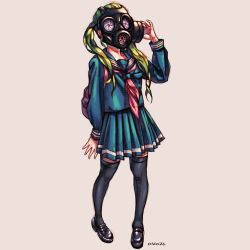 Rule 34 | 1girl, arm at side, artist name, backpack, bag, bara (totocos), black footwear, blue sailor collar, blue serafuku, blue shirt, blue skirt, collarbone, covered face, full body, gas mask, green hair, hand to head, hand up, highres, legs apart, loafers, long hair, long sleeves, mask, neckerchief, original, pink neckerchief, pleated skirt, sailor collar, school bag, school uniform, serafuku, shirt, shoes, simple background, skirt, solo, standing, twintails