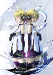Rule 34 | 2girls, back-to-back, bare shoulders, black thighhighs, blonde hair, blue eyes, blush, breasts, detached sleeves, dual persona, elbow gloves, fingerless gloves, gloves, hair ornament, hair ribbon, hairclip, hand on own chest, headphones, heart, highres, holding hands, kagamine rin, kagamine rin (append), kokoro (vocaloid), multiple girls, redjuice, revision, ribbon, short hair, small breasts, thighhighs, vocaloid, vocaloid append, zettai ryouiki