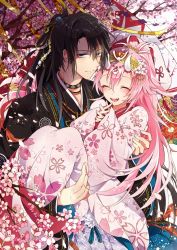 Rule 34 | 1boy, 1girl, black hair, blue eyes, carrying, cherry blossoms, collar, commentary request, couple, closed eyes, fang, floral print, flower, flower (symbol), hair between eyes, hair flower, hair ornament, hetero, horns, interlocked fingers, japanese clothes, kimono, long hair, long sleeves, looking at viewer, original, petals, pink hair, ponytail, princess carry, sleeves past wrists, smile, tobari (brokenxxx), tree