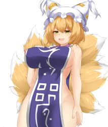 Rule 34 | 1girl, :d, animal ears, animal hat, blonde hair, blush, breasts, cowboy shot, fox ears, fox tail, hand on own chest, hat, highres, large breasts, leon0705, mob cap, multiple tails, naked tabard, nipple slip, nipples, open mouth, mob cap, short hair, simple background, smile, solo, tabard, tail, touhou, white background, yakumo ran, yellow eyes