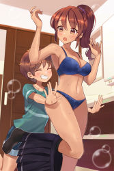 Rule 34 | 1boy, 1girl, age difference, bad id, bad pixiv id, bathroom, blush, brother and sister, brown eyes, brown hair, child, clothed male nude female, commentary, highres, indoors, mirror, navel, nude, open mouth, original, ponytail, siblings, taka-chan hanten, teeth, underwear, underwear only