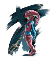 Rule 34 | 1girl, absurdres, anklet, bracelet, colored skin, fins, highres, jewelry, looking at viewer, mipha, monster girl, nintendo, official art, pink skin, polearm, solo, the legend of zelda, the legend of zelda: breath of the wild, trident, weapon, zora