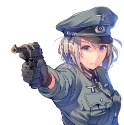 Rule 34 | 1girl, aiming, blonde hair, cross, daito, gloves, gun, handgun, hat, holding, holding gun, holding weapon, iron cross, jacket, military, military hat, military jacket, military uniform, original, short hair, solo, uniform, upper body, walther, walther p38, weapon, wehrmacht, white background