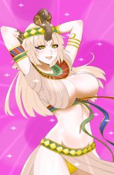 Rule 34 | 1girl, armlet, armpits, arms behind head, breasts, cleavage, cleopatra (shin megami tensei), egyptian clothes, female focus, highres, large breasts, light brown hair, long hair, looking at viewer, midriff, navel, panties, parted lips, shin megami tensei, shin megami tensei v, smile, solo, underwear, viperxtr, yellow eyes, yellow panties
