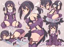 Rule 34 | 1girl, 4040 (abonriya), ass, black hair, breasts, butt crack, cameltoe, fate/kaleid liner prisma illya, fate (series), feather hair ornament, feathers, hair ornament, hairclip, kaleidostick, leotard, long hair, magical girl, miyu edelfelt, multiple views, purple leotard, purple sleeves, purple thighhighs, restrained, small breasts, solo, spread legs, squatting, thighhighs, top-down bottom-up, twintails, yellow eyes